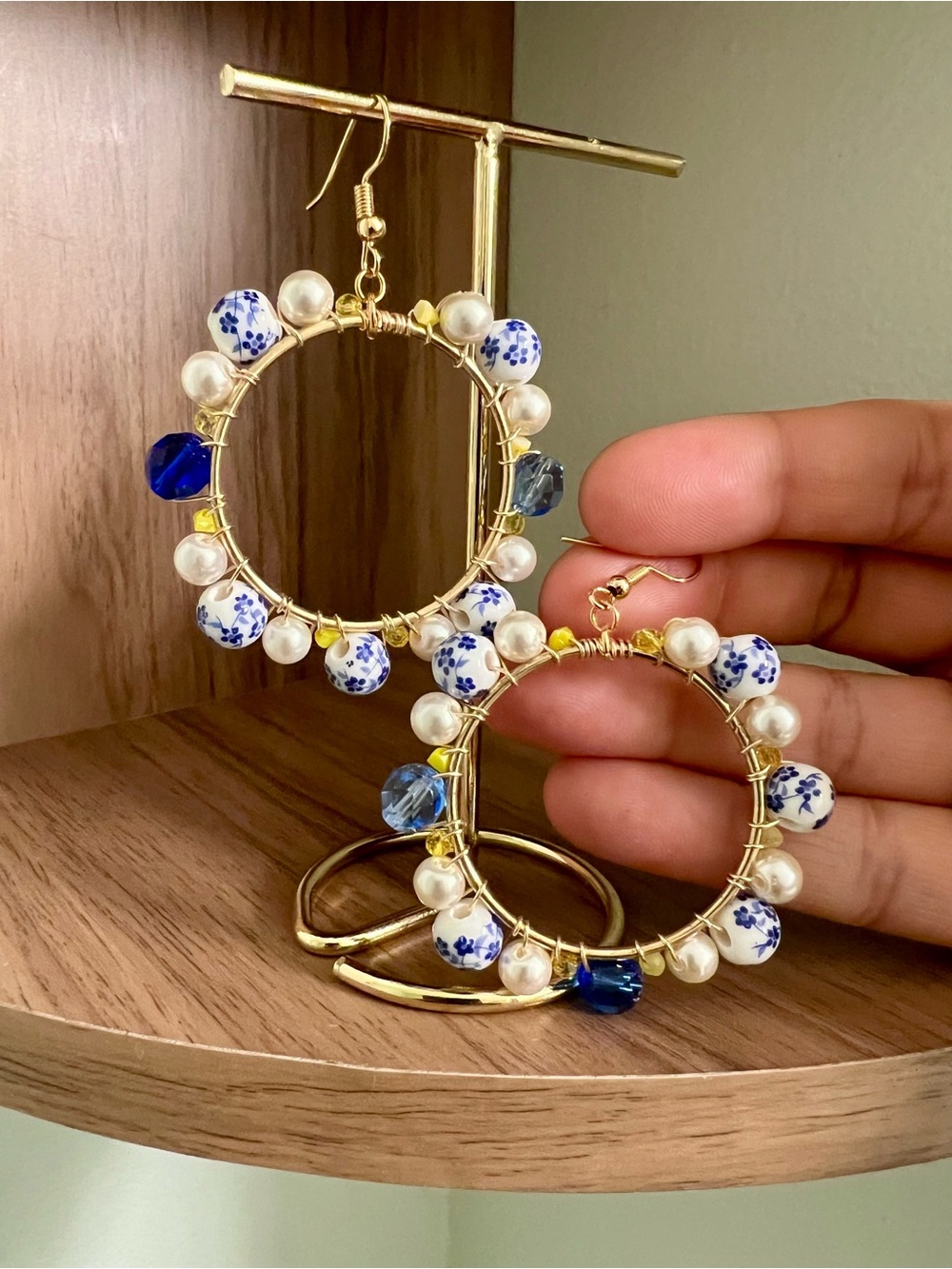 Gold Hoop Earrings with Blue Floral and Pearl Beads